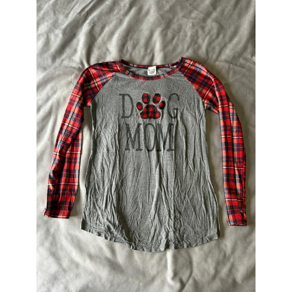 Color Bear Dog Mom Raglan Long Sleeve Shirt Gray Red Plaid Paw Print